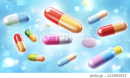 Colorful pills and capsules floating on a light blue background 122092052