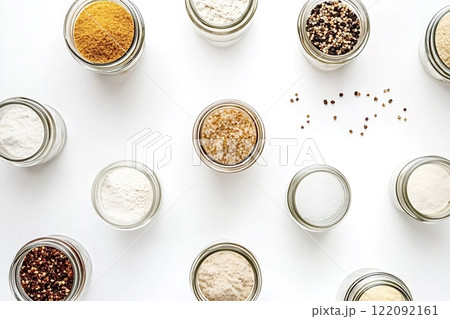 Various flours, grains, and powders in glass jars forming a pattern 122092161