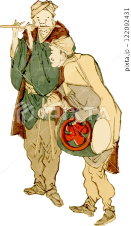 笛を吹く男性と太鼓を叩く男性 122092431