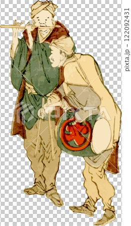 笛を吹く男性と太鼓を叩く男性 122092431
