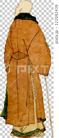 A monk walking with a walking stick 122092439