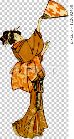 A woman holding a fan high 122092459