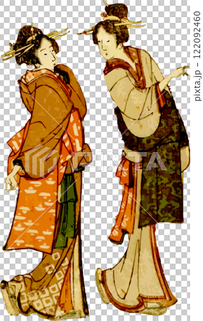 Two women happily walking through the city 122092460