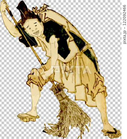 A man sweeping the garden with a bamboo broom 122092466