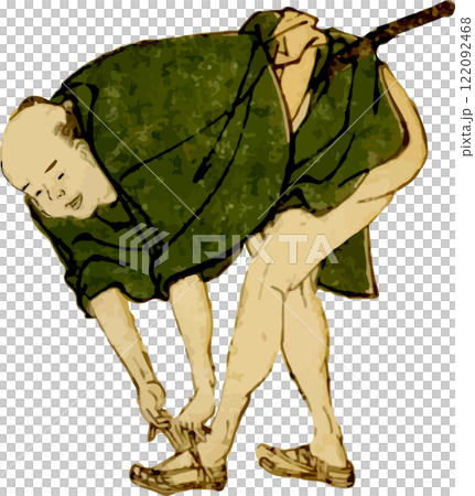 一個男人正在重新繫上涼鞋的鞋帶 122092468