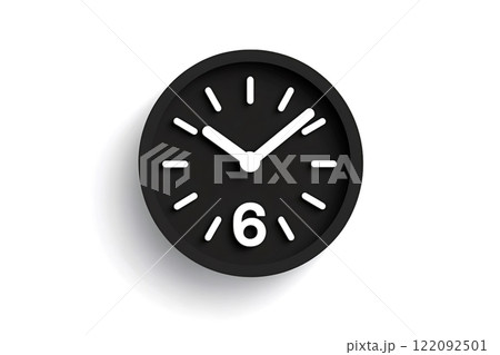 Modern black wall clock showing half past five on white background 122092501