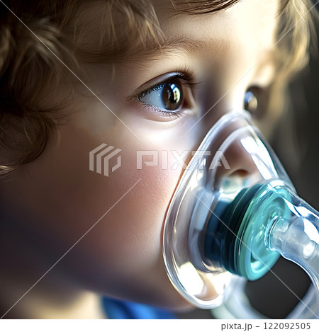 Child using inhaler mask for respiratory treatment 122092505