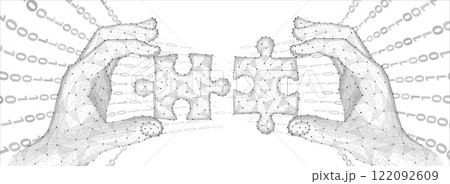 Two connected puzzles and two hands. Partner collaborate, cooperate implement Two connected puzzles and two hands. Partner collaborate, cooperate implement 122092609
