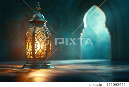 Glowing Ramadan Lantern in Intricate Arabic Design, Teal Background Eid blue gold holy arch light 122092632