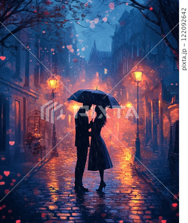 Romantic Couple Under Umbrella in Rainy City Street at Night wet red love kiss dark warm blue cozy 122092642