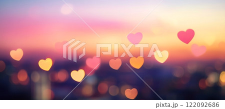 Romantic Hearts Bokeh Lights Cityscape Sunset Background day red love pink blur soft warm cozy dawn 122092686
