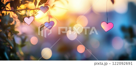 Romantic Hearts Hanging on Branch at Sunset, Soft Bokeh Background love tree pink blue glow card 122092691