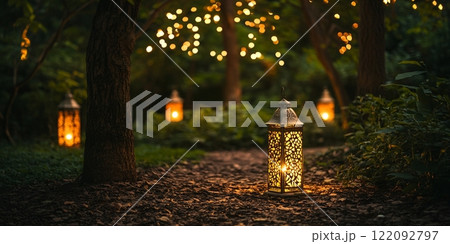 Enchanted Garden Path: Illuminated Lanterns at Dusk, Romantic Ambiance, Magical Nighttime Scene dark 122092797