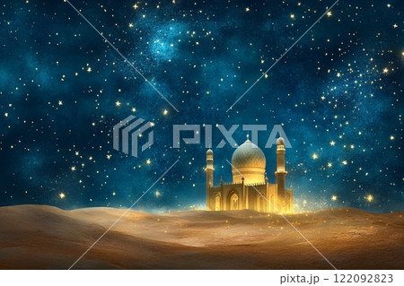 Majestic Golden Mosque at Night under Starry Sky Landscape sand dune calm holy dome stars islam 122092823