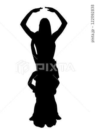 There is a beautiful silhouette of a belly dancer against a white background There is a beautiful silhouette of a belly dancer against a white background 122092838
