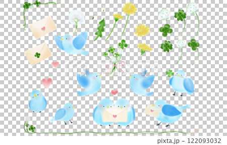 Set of illustrations of a small bird and a clover (light blue Set of illustrations of a small bird and a clover (light blue 122093032