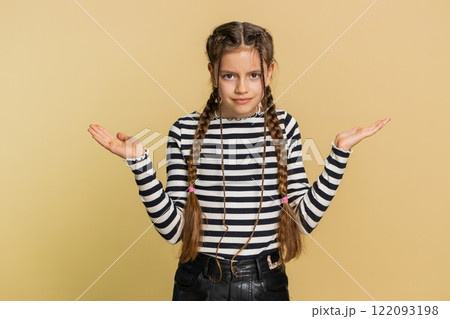 School preteen child girl asking why, what reason of failure, demonstrating disbelief by troubles 122093198