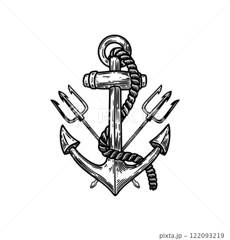 Illustration of sea anchor with crossed tridents. Design element for logo, sign, emblem. Vector illustration Illustration of sea anchor with crossed tridents. Design element for logo, sign, emblem. Vector illustration 122093219