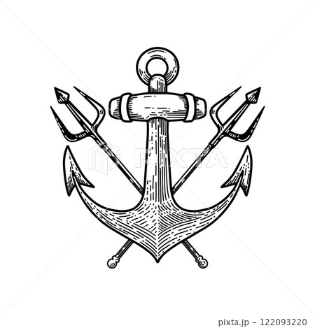 Illustration of sea anchor with crossed tridents. Design element for logo, sign, emblem. Vector illustration Illustration of sea anchor with crossed tridents. Design element for logo, sign, emblem. Vector illustration 122093220