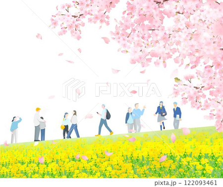 桜の木と菜の花の咲く土手沿いを歩く様々な人々ー全身ー春ー人物ベクターイラスト白バック背景素材 122093461