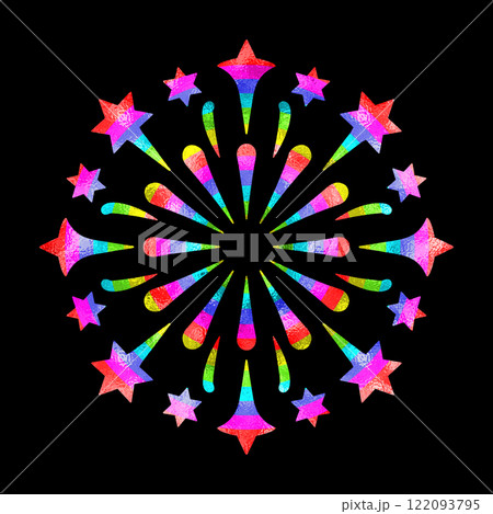 鮮やかな打ち上げ花火の虹色グラデーションのシルエットイラスト　黒背景の切り抜き 122093795