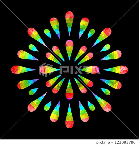 鮮やかな打ち上げ花火の虹色グラデーションのシルエットイラスト　黒背景の切り抜き 122093796