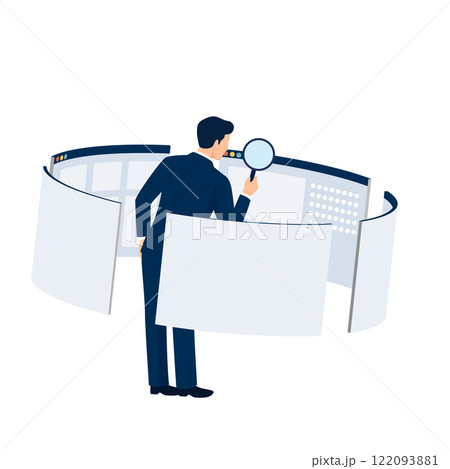 虫眼鏡を持ってwebページをチェックする男性のイラスト、ベクター 122093881