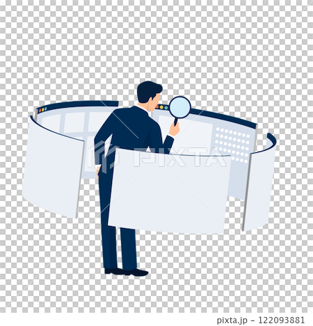 虫眼鏡を持ってwebページをチェックする男性のイラスト、ベクター 122093881