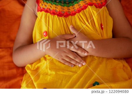 child suffering stomach pain close up. 122094080