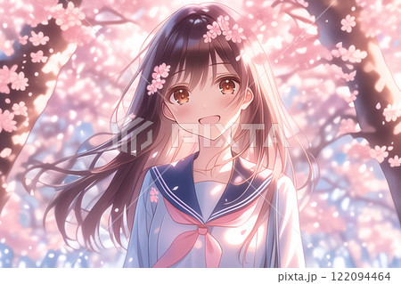 桜を背景に立っている制服姿の笑顔が可愛い日本の女子高生 122094464