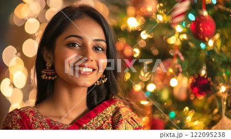 Joyful indian woman in festive attire by christmas tree with sparkling lights 122095238