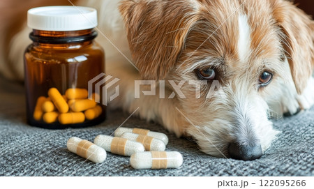 Dog health and medication: concerned pet with capsules and medicine bottle 122095266