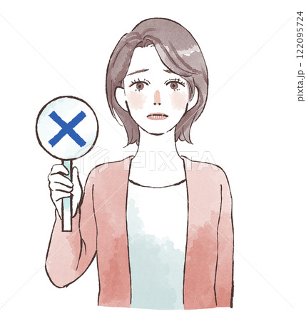 バツのプラカードを持つ若い女性 122095724