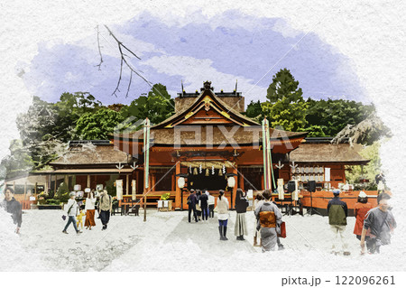 水彩画風　富士山本宮浅間大社　 拝殿　静岡県富士宮市 122096261