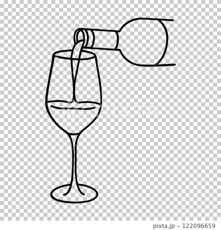 手繪線條圖描繪了將葡萄酒從酒瓶倒入透明背景上的玻璃杯中的時刻。 122096659