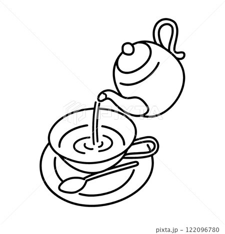 ティーポットからティーカップに紅茶を注ぐ瞬間の手描き線画イラスト　透過背景の切り抜き 122096780