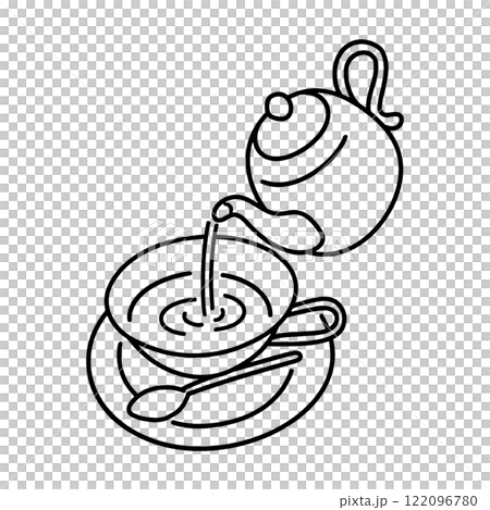 ティーポットからティーカップに紅茶を注ぐ瞬間の手描き線画イラスト　透過背景の切り抜き 122096780