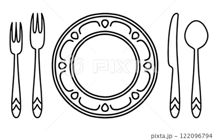 皿とカトラリーのフレンチコースのテーブルセッティングの線画イラスト　透過背景の切り抜き 122096794