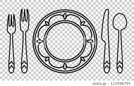 法國課程表設置的線條畫插圖，配有盤子和餐具，透明背景上的切口 122096795