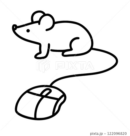 パソコンのマウスと繋がっている動物のネズミのラフな手描き線画イラスト　透過背景の切り抜き 122096820
