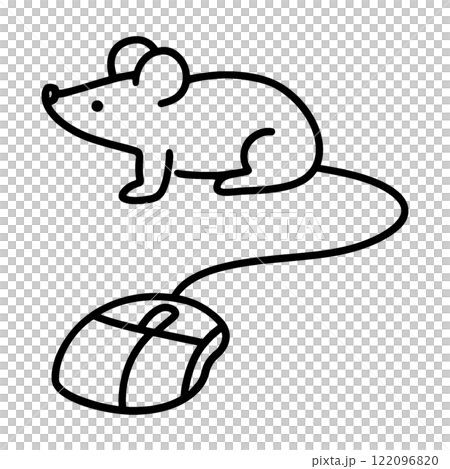 Rough hand-drawn line drawing of a mouse connected to a computer mouse, cut out on a transparent background 122096820