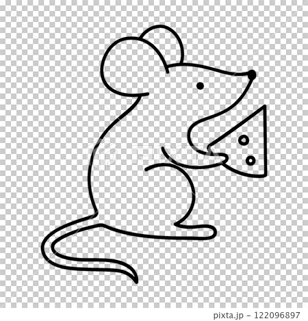 Rough hand-drawn line drawing illustration of a mouse holding cheese with holes, cut out on transparent background 122096897