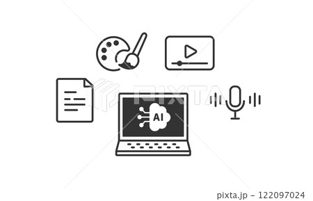 生成AIでできること図解ベクターアイコンセット(線画・白黒) 122097024