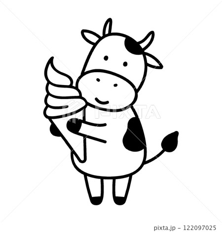 ソフトクリームを持った白黒牛のキャラクターのシンプルな線画イラスト　透過背景の切り抜き 122097025