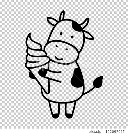 ソフトクリームを持った白黒牛のキャラクターのシンプルな線画イラスト　透過背景の切り抜き 122097025
