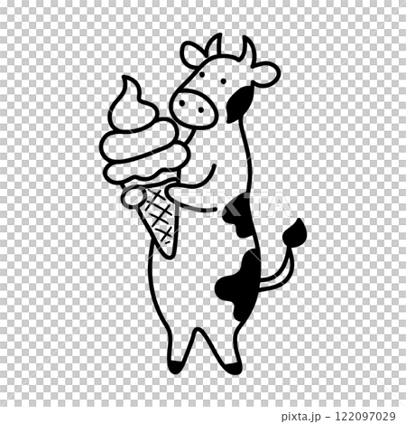ソフトクリームを持った白黒牛のキャラクターのシンプルな線画イラスト 透過背景の切り抜き ソフトクリームを持った白黒牛のキャラクターのシンプルな線画イラスト 透過背景の切り抜き 122097029