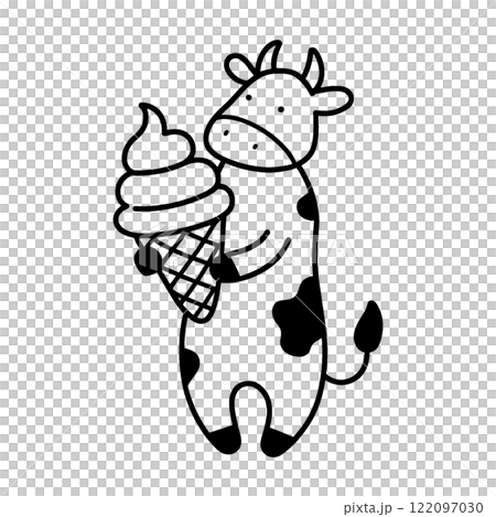 ソフトクリームを持った白黒牛のキャラクターのシンプルな線画イラスト 透過背景の切り抜き ソフトクリームを持った白黒牛のキャラクターのシンプルな線画イラスト 透過背景の切り抜き 122097030