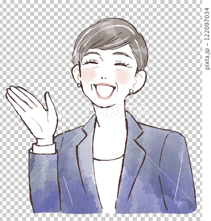 A smiling middle-aged woman in a suit giving directions 122097034