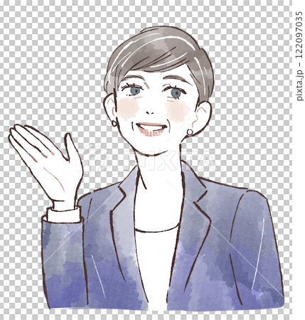 一位穿著西裝微笑的中年女士引導你 122097035