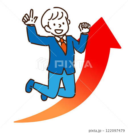右上向き矢印とジャンプする制服姿の男子のイラスト 122097479